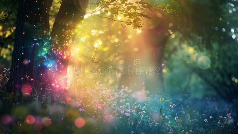 Fairy tale inspired background with a burst of colorful aura stock images