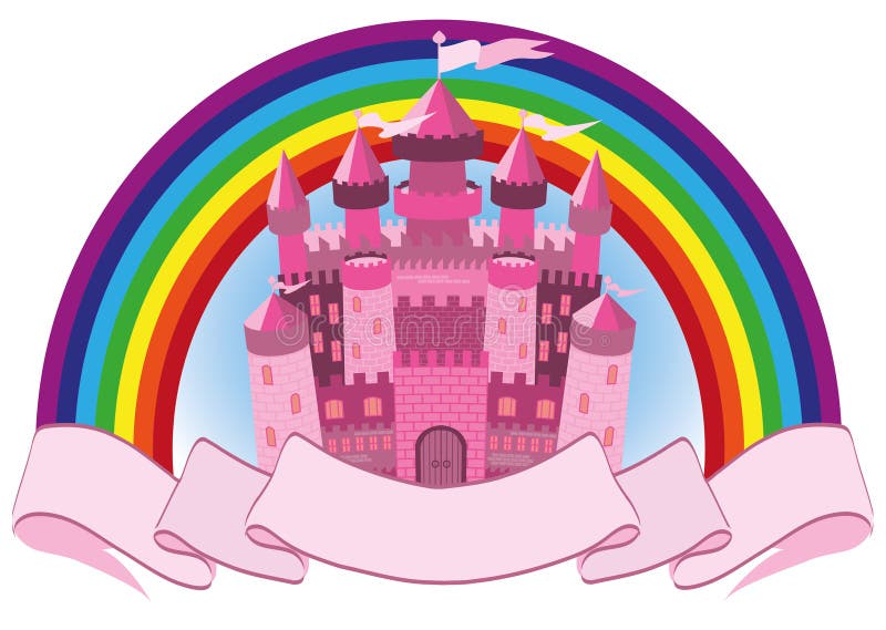 Fairy Tale pink magic castle and rainbow, vector illustration