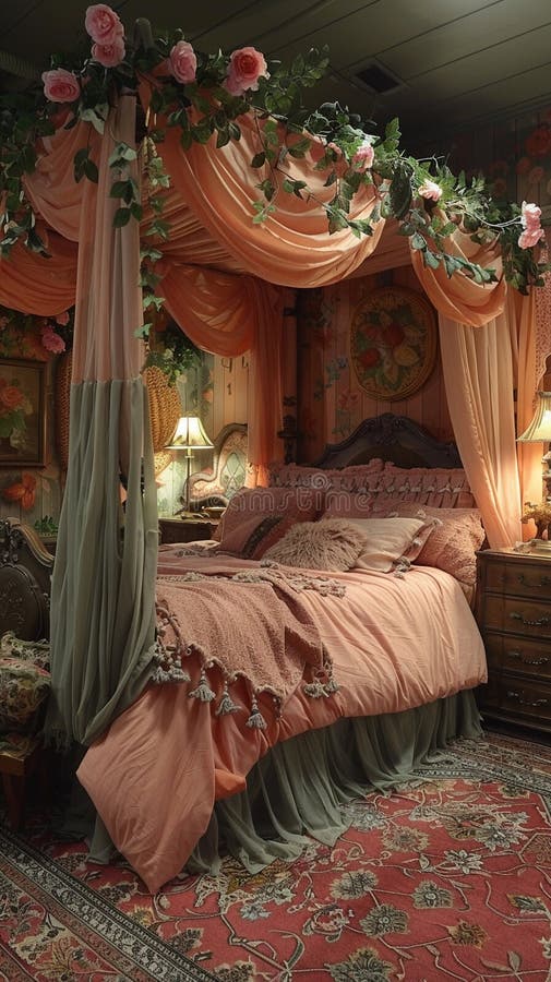 Fairytale Princess Bedroom with a Canopy Bed and Whimsical Decor Stock