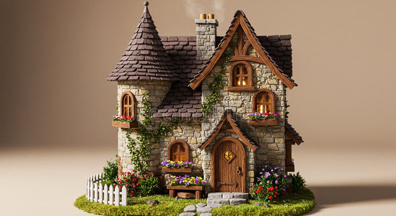 Fairy-tale style stone cottage with intricate wood details and a round turret. The stock illustration