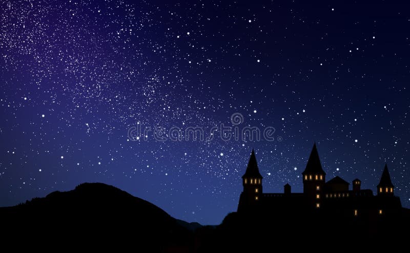 Fairy Tale World Magnificent Castle Under Starry Sky Stock Image