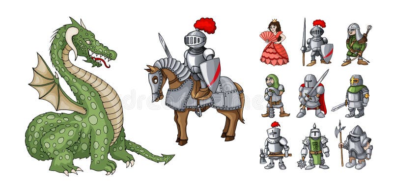 Fairy Tales Cartoon Characters. Fantasy Knight and Dragon, Princess and Knights Stock Vector - Illustration of dress, game: 137468166 Fairy Tales Cartoon Characters. Fantasy Knight and Dragon, Princess and Knights Stock Vector - Illustration of dress, game: 137468166