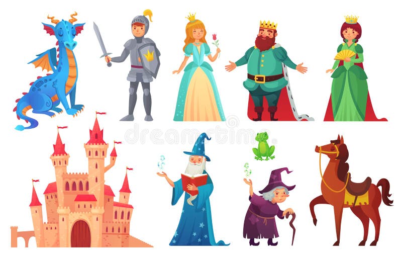 Fairy tales characters. Fantasy knight and dragon, prince and princess, magic world queen and king isolated cartoon