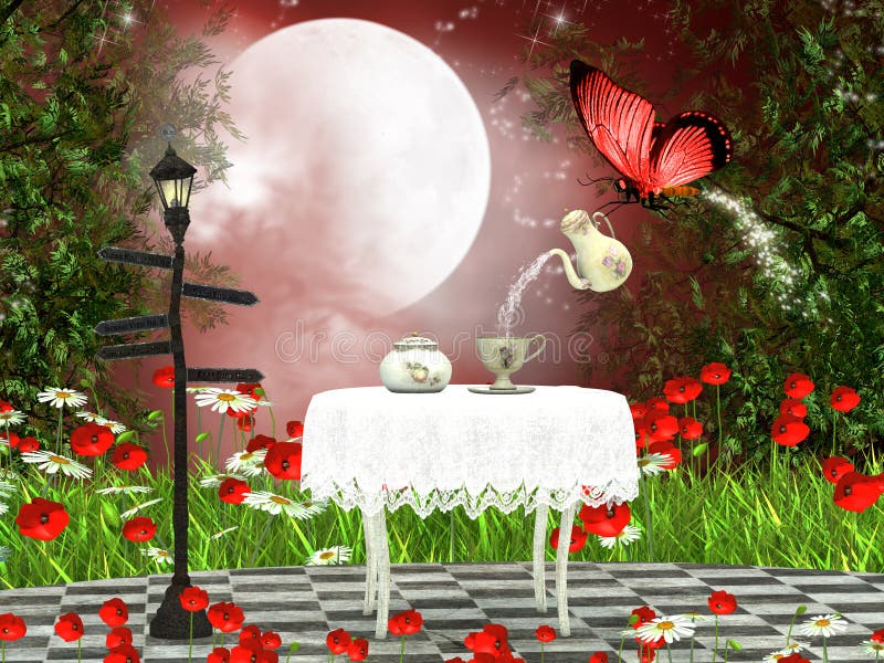 Fairy teetime in the forest. Grass night sky background illustrations