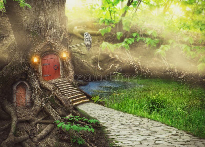 Fairy tree house in fantasy forest stock illustration
