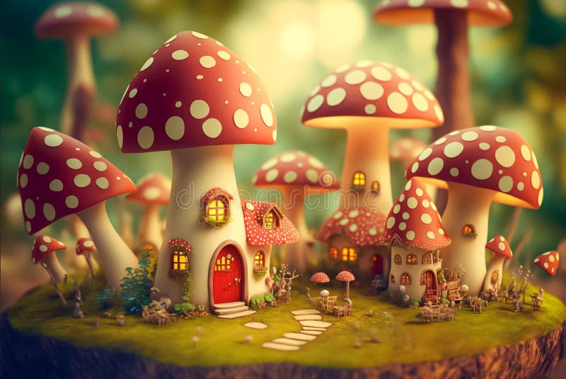 Fairy Village Under Toadstools and Old Tree Roots. Generative AI Stock