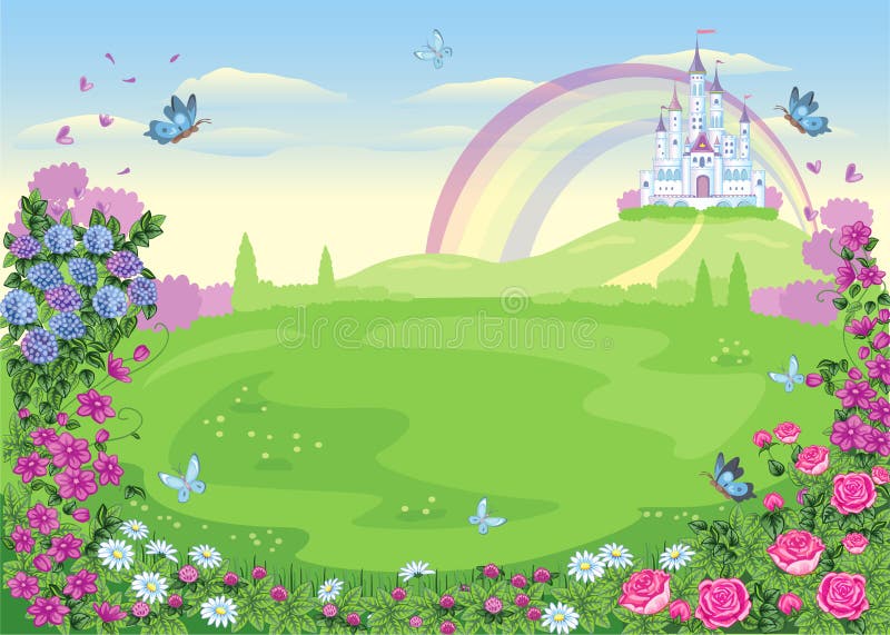 Fairytale background with flower meadow. Wonderland. Cartoon, children`s illustration. Princess`s castle and rainbow. Vector.