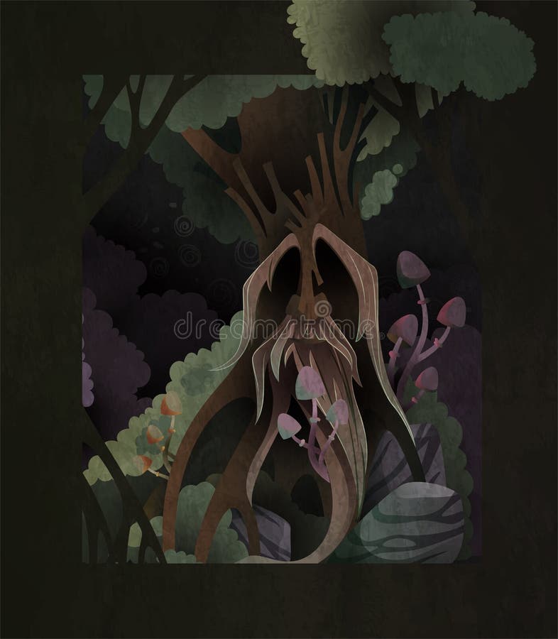 Fairytale book cover illustration ancient tree spirit in the dark forest. Face of old magician on the tree vector illustration
