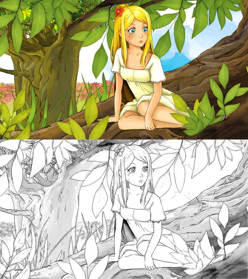 Fairytale cartoon scene with an elf girl on the tree