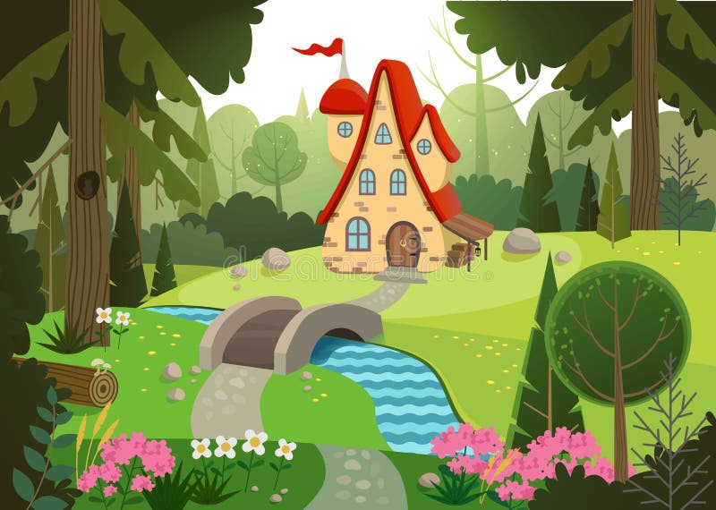 Fairytale forest with a house and a bridge over the river. House surrounded by trees and river. Flat vector illustration