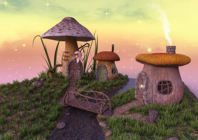 Fairytale mushroom houses with a little bridge. stock illustration Fairytale mushroom houses with a little bridge. stock illustration