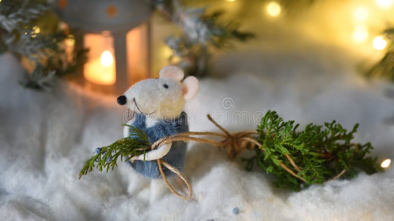 A fairytale rat in a fur coat carries a Christmas tree from a magical fairytale forest lit by lanterns. Magical New Year Christmas royalty free stock photography A fairytale rat in a fur coat carries a Christmas tree from a magical fairytale forest lit by lanterns. Magical New Year Christmas royalty free stock photography