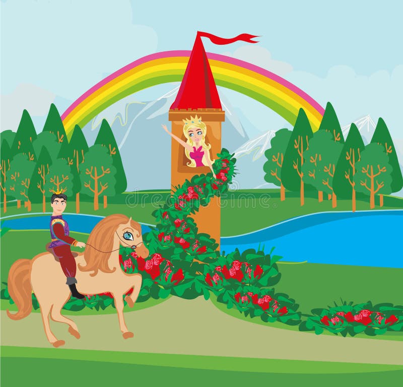fairytale toren en prins op een paard vector illustratie fairytale toren en prins op een paard vector illustratie