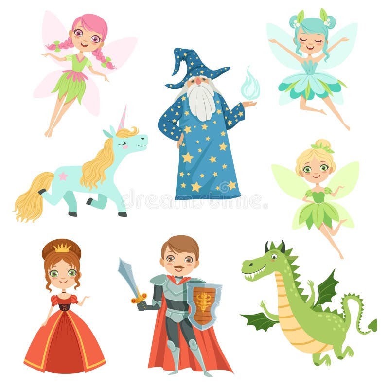 Fairytaleset van tekens in verschillende kostuums Prinses, grappige eenhoorn Tovenaar, draak en ridder Vector graphhics stock illustratie Fairytaleset van tekens in verschillende kostuums Prinses, grappige eenhoorn Tovenaar, draak en ridder Vector graphhics stock illustratie