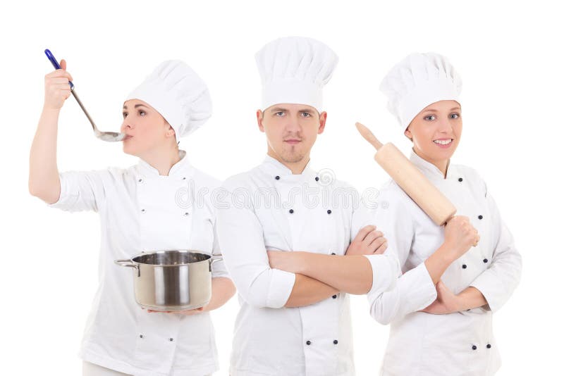 Faisant cuire le concept - trois jeunes chefs d'isolement sur le blanc images stock Faisant cuire le concept - trois jeunes chefs d'isolement sur le blanc images stock