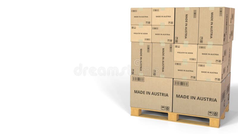 FAIT EN texte de l'AUTRICHE sur des cartons d'entrepôt rendu 3d illustration stock FAIT EN texte de l'AUTRICHE sur des cartons d'entrepôt rendu 3d illustration stock