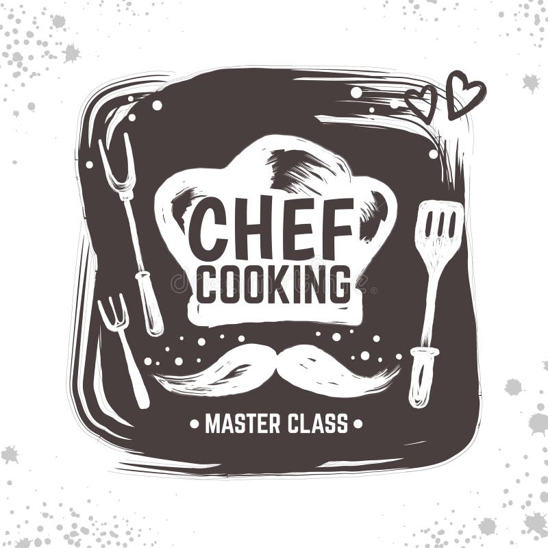 Faites cuire le logo de griffonnage Affiche de croquis de restaurant, insigne noir de nourriture avec des outils de cuisine et él
