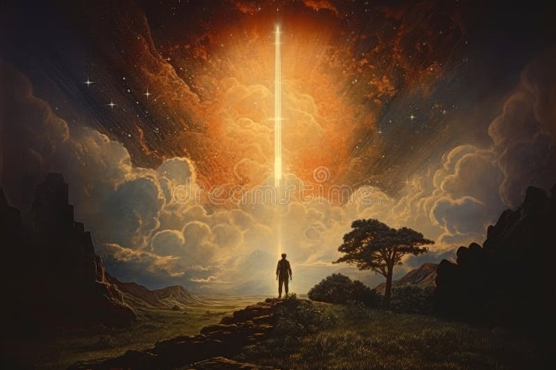 Faith. Heavenly background. Man standing on a path to the heavens royalty free illustration
