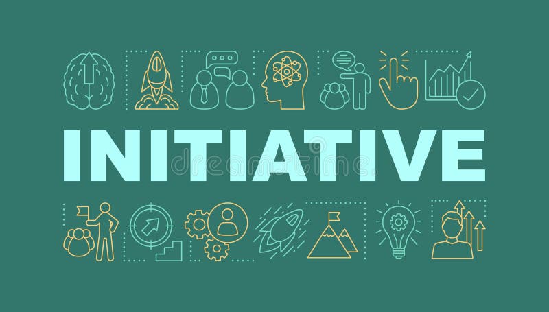 Initiative word concepts banner. Business success. Startup launch. Smart goals achieving. Isolated lettering typography idea with linear icons. Skill improvement. Vector outline illustration. Initiative word concepts banner. Business success. Startup launch. Smart goals achieving. Isolated lettering typography idea with linear icons. Skill improvement. Vector outline illustration