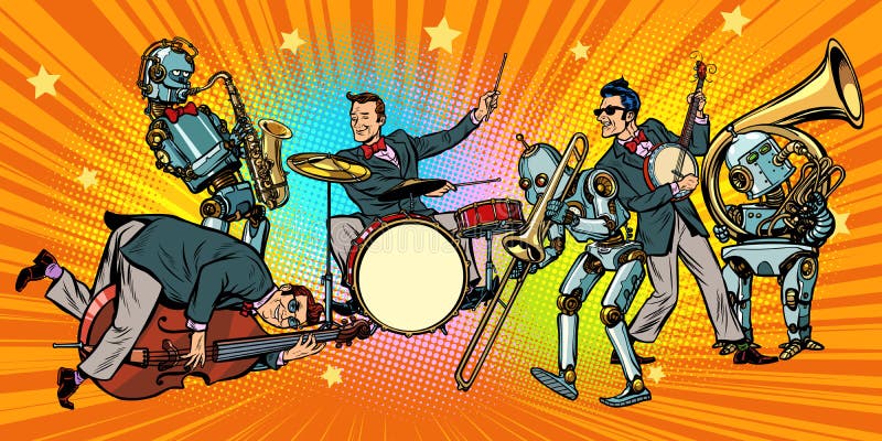Faixa do rolo da rocha n do jazz dos seres humanos e dos robôs ilustração royalty free Faixa do rolo da rocha n do jazz dos seres humanos e dos robôs ilustração royalty free