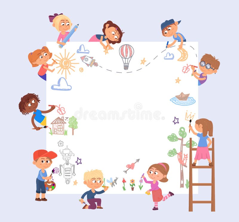 Crianças pintando na parede criança pintando desenho infantil com giz de  cera personagens de jardim de infância de alunos criativos conjunto de  vetores decente de crianças pré-escolares de desenhos animados