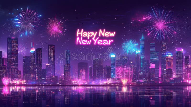 Fajerwerki oświetlają nocne niebo nad chwiejnym krajobrazem miasta, podczas gdy neon szczęśliwy nowy rok świeci jasno generowanym ilustracja wektor