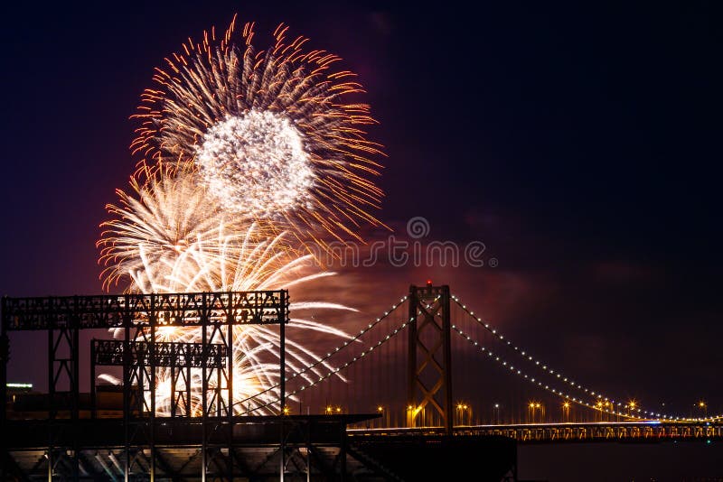 Fireworks at San Francisco-Oakland Bay Bridge Fireworks at night in San Francisco, California, USA. Fireworks at San Francisco-Oakland Bay Bridge Fireworks at night in San Francisco, California, USA