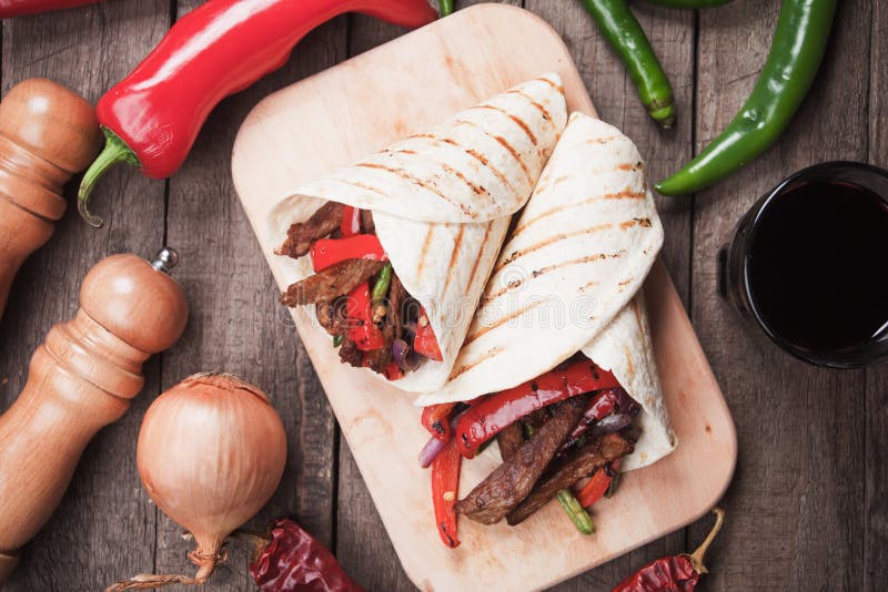 Fajitas, Mexican Beef Stripes in Tortilla Wrap Stock Image Image of