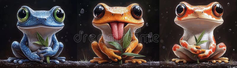 Fajna seria rysunków przedstawiająca zieloną żabę w różnych położeniach. Kolekcja humorystycznych ilustracji ukazujących ilustracja wektor