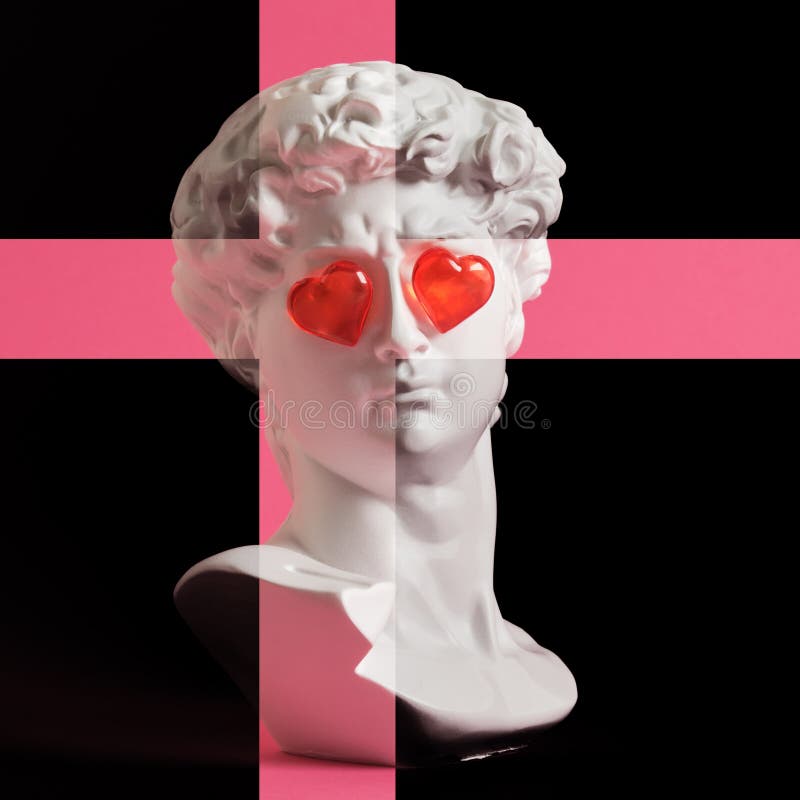 Fake Bust of David with Red Glass Hearts on the Eyes, Love Concept