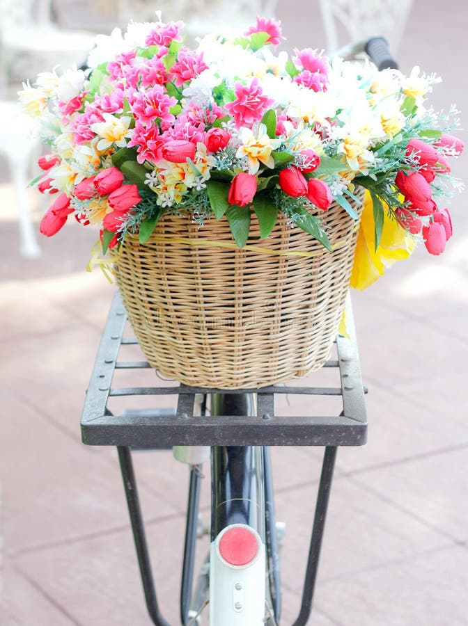 Fake Flower in Basket on Vintage Bicycle Stock Image Image of bike