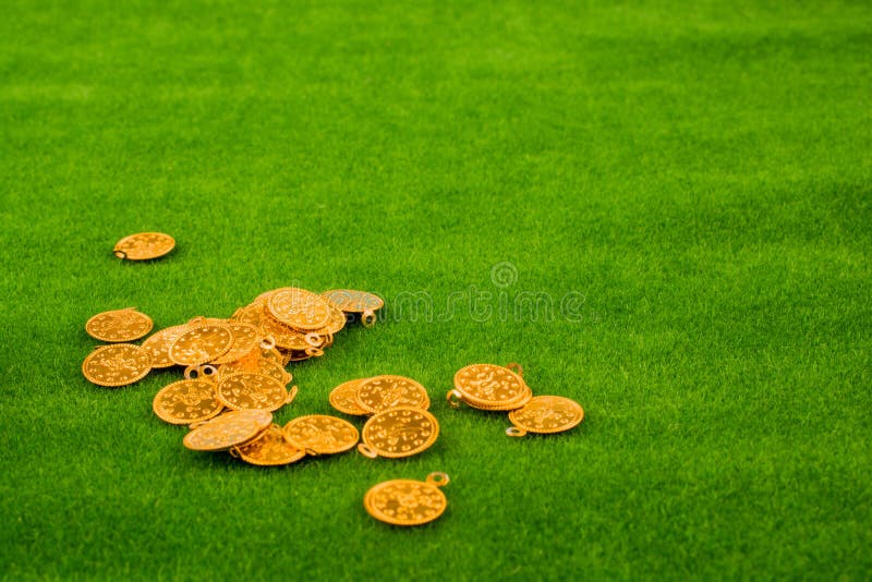 Fake gold coins on grass stock image. Image of symbol 68853201