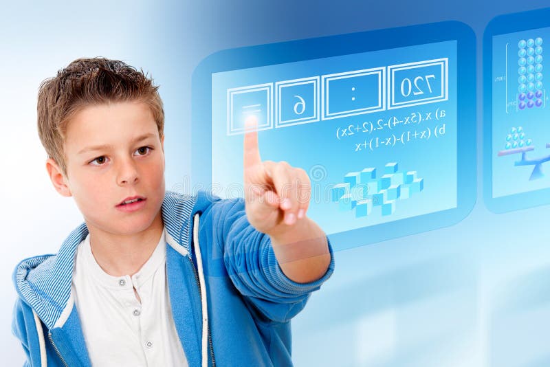 Young student with virtual futuristic interface simulating digital blackboard. Young student with virtual futuristic interface simulating digital blackboard.