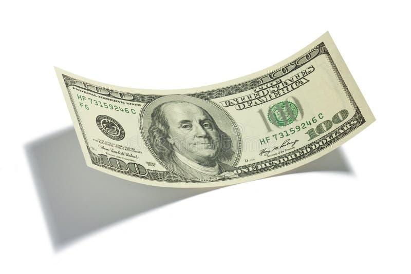 A slightly curved American one hundred dollar bill with a drop shadow isolated on white. A slightly curved American one hundred dollar bill with a drop shadow isolated on white