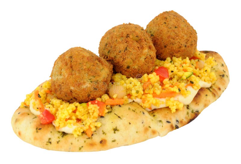 Fried falafels on a naan bread with couscous isolated on a white background. Fried falafels on a naan bread with couscous isolated on a white background