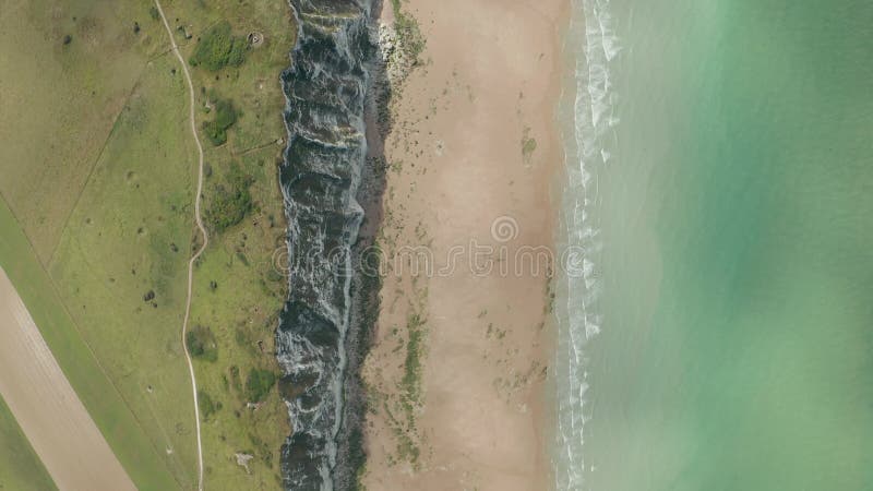 Falaise de sommet aérien aérien en bas de l'océan turquoise de vue d'oiseaux et de pré vert banque de vidéos