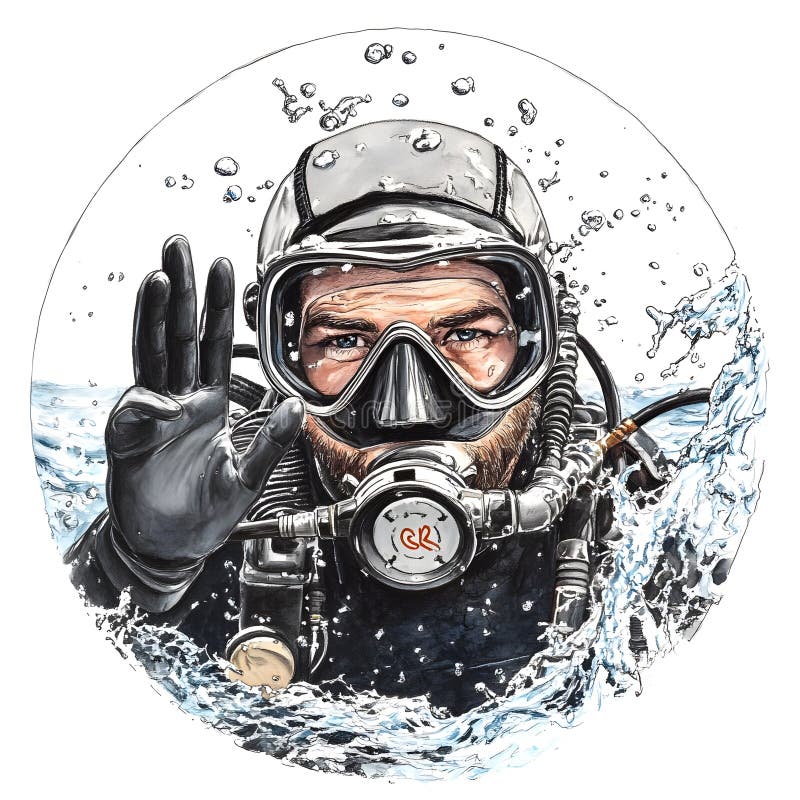 Fale nurkowe zanurzone w czystej wodzie oceanicznej demonstrujące sprzęt nurkowy i badające żywe życie podwodne. ilustracja wektor