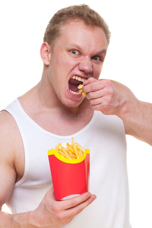 Falha da dieta do fast food antropófago gordo das batatas fritas Retrato da pessoa excesso de peso que estragou a refeição saudáv imagem de stock Falha da dieta do fast food antropófago gordo das batatas fritas Retrato da pessoa excesso de peso que estragou a refeição saudáv imagem de stock