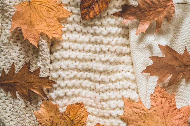 Fall Background with warm sweaters. Pile of knitted clothes with autumn leaves, warm background, knitwear, space for text. Autumn winter concept. Copy Space stock photo Fall Background with warm sweaters. Pile of knitted clothes with autumn leaves, warm background, knitwear, space for text. Autumn winter concept. Copy Space stock photo