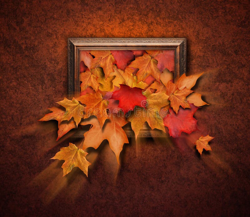 Fall leaves are coming out of a painting photograph in a antique frame. The wall is old. Use it for a season, thanksgiving or time concept. Fall leaves are coming out of a painting photograph in a antique frame. The wall is old. Use it for a season, thanksgiving or time concept.