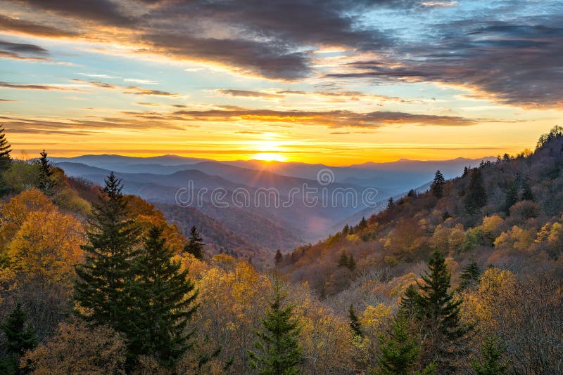 Fall colors, scenic sunrise, Great Smoky mountains