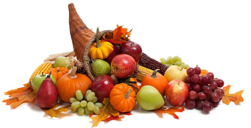 Rechazar acuerdo en cuerno de la abundancia sobre el blanco uvas, calabazas, calabaza, peras, manzanas rechazar hojas.