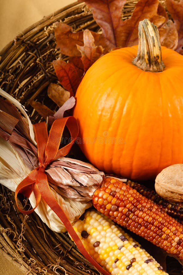 Fall Decorations With Pumpkin And Indian Corn