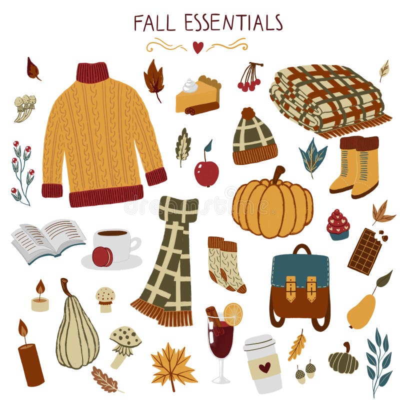 Fall essentials hand drawn autumn objects with sweater, scarf, blanket, leaf, backpack, coffee, glint wine, pumpkins, pumpkin pie.