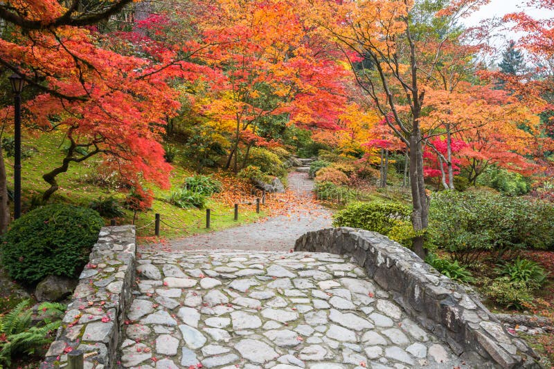 Fall-Farblandschaft mit Steinbrücke und Gehweg stockfoto Fall-Farblandschaft mit Steinbrücke und Gehweg stockfoto