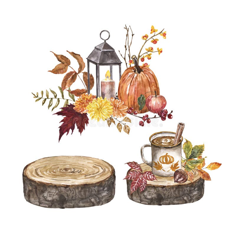 Festive watercolor autumn compositions in rustic style. Fall seasonal decor with colorful tree leaves, orange pumpkin, lantern