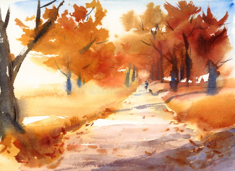 Fall-Landschaft mit den Bäumen und gehender Mann-Aquarell-Natur-Illustration handgemalt stock abbildung