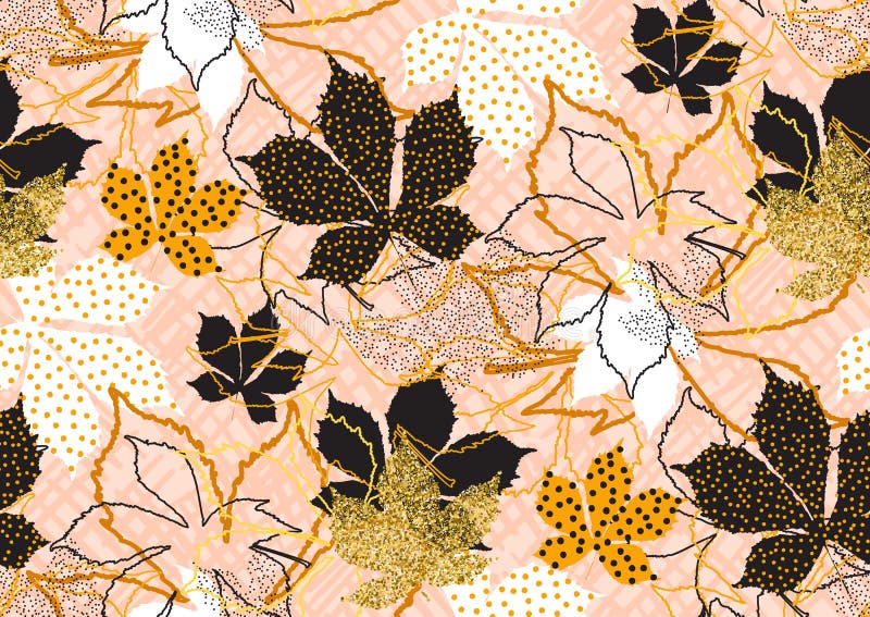 Fall Leaves Seamless Pattern with Gold Glitter Texture. Vector Illustration  for Stylish Background, Textile, Wrapping Paper Design Stock Illustration -  Illustration of autumn, leaf: 122806215