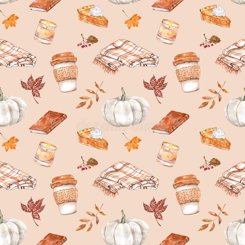 Fall mood seamless pattern. Pumpkin spice latte coffee in a cup,blanket, candle, white pumpkin, leaves on beige background
