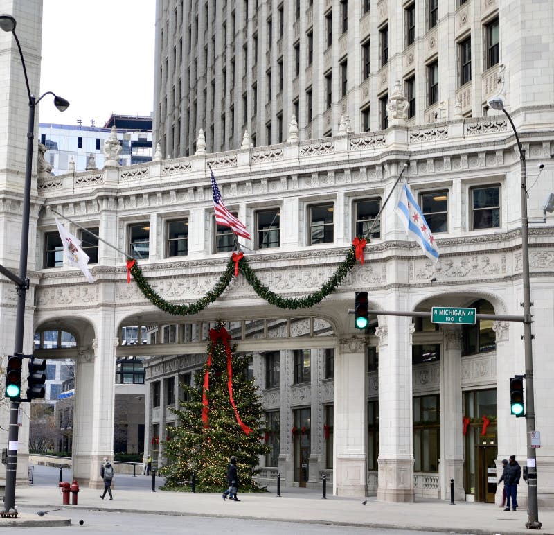 This is a Fall picture of a Christmas Tree between the two towers of the iconic Wrigley Building On Michigan Avenue located in Chicago, Illinois in Cook County. This picture was taken on November 19, 2018. This is a Fall picture of a Christmas Tree between the two towers of the iconic Wrigley Building On Michigan Avenue located in Chicago, Illinois in Cook County. This picture was taken on November 19, 2018.